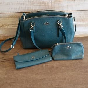 Teal green Coach purse, wallet and makeup bag